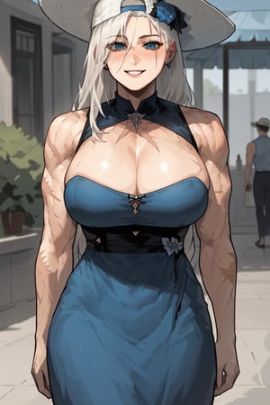 score_9, score_8, score_7, pov(male, human) walking hand in hand with wife(toned muscles, feminine, wearing summer blue dress and hat, big breasts, long hair, white hair, blue eyes, scars, shy, blushing, smile), staring at you, lakeside