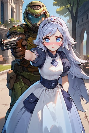 score_9, score_8, score_7, score_7_up, score_8_up, 1boy\(male human, tall, armor, Doomguy Helmet\) grabbing 1girl\(Emily, shy smile, blushing, short, pouty lips, wearing a dress, TURKISH KILLER POSE,HOLDING HANDGUN,LOOKING AT GUN, AIMING, HAND IN POCKET), park, hetero, western style