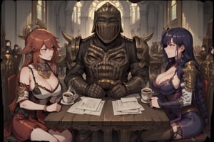 score_9, score_8, score_7, score_8_up, 1boy\(human, dark skin, giant, tall, wearing full madness armor and helmet, sitting on his chair, working\) hugged by 2girls\(big breasts, Raiden Shogun and Yae MIko, cute look on their face, pouty lips, seductive\), both staring at each other, (paper, scrolls, coffee on the table), indoor castle livingroom, score_7_up, side view
