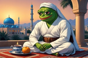 pepe(frog, wise, quiet, wearing white Ihram, Arabian outfit, muscular, tall), (full body) sitting on a mattress, tea and fruits dates on the table, background(mosques, exterior, Arabian city, night),(masterpiece, highres, high quality:1.2), ambient occlusion, low saturation, High detailed, Detailedface, (shot from distance), Ramadan, Islam 