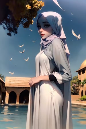 Woman(slim body, young, grey eyes, arab, morrocan, eyelashes, hijab, Wearing a white headscarf and veill,Gorgeous abaya,arabian pants Arabian, feminine, beautiful, holding rabbit), full body, looking at viewer with cute expression, standing, (shot from distance), background(mosques, day, outdoor, sky, sun, tree, ocean, flowers, birds, bunnies, rabbits), (masterpiece, highres, high quality:1.2), low saturation,High detailed,soft shading