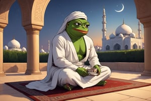 pepe(frog, wise, quiet, wearing white Ihram, Arabian outfit, muscular, tall), (full body) sitting on a mattress, tea cup and grapes on the table, background(mosques, exterior, Arabian city, night),(masterpiece, highres, high quality:1.2), ambient occlusion, low saturation, High detailed, Detailedface, (shot from distance), Ramadan, Islam 