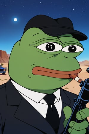 score_9, score_8, score_7, score_7_up, score_8_up, pepe the frog wearing black business suit, cowbot hat, smoking a cigar, holding shotgun, upper body, mojave desert, classic car in background, apocalyptic, exterior, night,0ut3rsp4c3