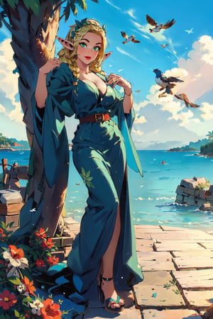 1girl(Marcille, slim body, elf ears, eyelashes, wearing dress, nice cleavage, headdress, long blonde hair, green eyes, feminine, beautiful), looking at viewer seductively, seductive pose, full body, background(birds,flower, outdoors, day, sky, palm tree, plant, cloud, ocean, scenery), (masterpiece, highres, high quality:1.2), low saturation,High detailed,perfect