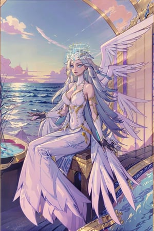 Sera(slim body, long white hair, blue eyes, eyelashes, jewelry, earrings, necklace, wings, angel, armlet, bracelet, ring, wearing dress, angel, large cleavage, big breasts, headdress, bare shoulders, hoop earrings, bridal gauntlets, feminine, beautiful, gentle smile), looking at viewer seductively, sitting on a throne, background(flower, outdoors, day, sky, tree, plant, cloud, ocean, water, scenery), (masterpiece, highres, high quality:1.2), low saturation,High detailed,perfect,oil painting,classic painting