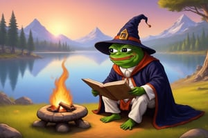 Pepe(frog, old, wearing wizard robe, long white beard, wizard, reading a scroll), sitting and resting on lakeside, campfire, boiling tee, background(outdoor, giant mushrooms, day),(masterpiece, highres, high quality:1.2), ambient occlusion, low saturation, High detailed, Detailedface, (shot from distance),Wojak