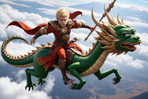 A highly detailed, action-packed scene set high in the sky, featuring Sun Wukong, the Monkey King, riding Pepe the Frog, who has transformed into a majestic Chinese dragon. Sun Wukong is dressed in his traditional warrior armor, complete with flowing golden and red robes, and a golden staff held confidently in one hand. His expression is one of excitement and adventure, his wild, golden hair blowing in the wind as he soars through the clouds.

Pepe the Frog, now a fully realized Chinese dragon, retains his signature green face but with a smug, amused expression. His long, sinuous body is covered in intricate scales, blending shades of green and gold, and his powerful claws and long whiskers stream through the air. The scene is dynamic, with the dragon's body twisting and turning through the sky, creating a sense of fluid motion.

Below them, the landscape stretches far into the distance, with misty mountains and winding rivers visible through gaps in the clouds. The atmosphere is one of freedom and power, with Sun Wukong and Pepe the dragon cutting through the air, completely in sync as they fly together, heading toward an unknown adventure.