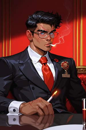 score_9, score_8, score_7, score_7_up, score_8_up, 1man(young, 20 year old, handsome, masculine, wearing black business suit with red tie and cowbow hat, glasses, pip-boy on his left arm, tanned skin, scars, short black hair, tall, muscles, strong jaw, sharp cheekbones, thin lips, blue eyes, bored expression), sitting, cigarette, glass of wishkey and bottle on the table, inside a Western saloon bar, indoor,falloutcinematic, retro futurism, western style,g4n1m3,csr style