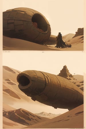 giant sand worm monster, background(dune style world, day),(masterpiece, highres, high quality:1.2), ambient occlusion, low saturation, High detailed, comic page different views