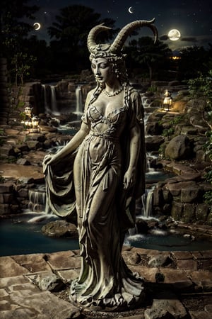 Lilith Statue(large cleavage, skin statue, seductive pose, horns, hair statue, face statue, body made of statue, wearing full dress), standing, pov, looking at viewer, staring at you, background(night, moon, hot spring,aztec, waterfall)(masterpiece, highres, high quality:1.2), ambient occlusion, low saturation, High detailed, Detailedface, Dreamscape