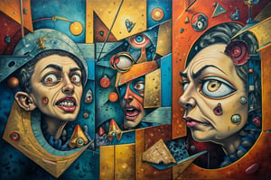 A surreal, geometric oil painting in the style of Salvador Dalí, combining surrealism with abstract geometric shapes. The painting features a chaotic, otherworldly environment where multiple eyes and mouths float and merge with the surrounding geometric forms. These disembodied eyes and mouths are partially integrated into an abstract, geometric landscape where triangular rectangles, swirling shapes, and fragmented forms collide and overlap in impossible configurations. 

The eyes vary in size and color, some open wide with intense gazes, while others appear half-closed or staring vacantly into the distance. The mouths are similarly diverse, with some frozen in silent screams, others smiling or grimacing in distorted ways. 

The background is a blend of swirling, vibrant geometric forms—sharp-edged triangles and rectangles—interspersed with organic, flowing shapes that seem to melt and warp like Dalí’s iconic clocks. The perspective of the scene is intentionally distorted, with parts of the eyes and mouths stretching into angular, colorful patterns that blend into the geometric environment.

The overall atmosphere is surreal and unsettling, with a dreamlike quality that combines the organic elements of the human face with stark, abstract geometry. The colors are vivid and bold, contrasting the lifelike rendering of the eyes and mouths with the more abstract, avant-garde surroundings.

The painting is an exploration of perception and the boundaries between the organic and the abstract, capturing the viewer's attention with its bizarre, mesmerizing composition.