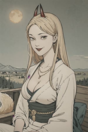 woman\(slim body, long blonde hair, yellow eye color, horns, jewelery, bridal gauntlets, rings, amulets, eyelashes, big breasts, large cleavage, wearing yukata, sandal, feminine, beautiful, mistress, holding a fox\) The scene should convey a seductive smile on her face, with an air of smugness as she maintains eye contact with the viewer, (faull body), sitting, background(rural area, animals, day, sky, sun),(masterpiece, highres, high quality:1.2), ambient occlusion, low saturation, High detailed, Detailedface, (shot from distance)