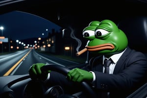 A highly detailed scene set at night, with Pepe the Frog behind the wheel of a car, driving alone on a dimly lit, empty road. The darkness outside is broken only by the faint glow of streetlights reflecting off the car’s windshield, and the soft, eerie light from the car’s dashboard illuminates Pepe’s face. He’s wearing a disheveled business suit, the tie slightly loosened as if he’s had a long, difficult day. A lit cigar hangs loosely from his mouth, the smoke curling upward as it escapes through a cracked window.

Pepe’s expression is one of deep, overwhelming sadness and exhaustion, his eyes heavy with sorrow. His gaze is focused on the road ahead, but it’s clear his thoughts are elsewhere—lost in his depression and despair. The atmosphere in the car is thick with tension, and the muted hum of the engine is the only sound, reinforcing the sense of isolation and loneliness. The dim glow of passing streetlights casts fleeting shadows across his face, further emphasizing his downcast, melancholic expression. The entire scene feels heavy with emotion, as Pepe drives through the quiet, empty night, consumed by his inner turmoil.