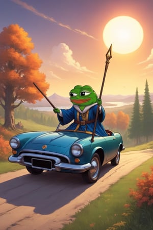 Pepe(frog, old, wearing wizard robe, long white beard, wizard, holding magical staff, smug), riding a classic car magically flying in the air, background(rural, lakeside, forest, day),(masterpiece, highres, high quality:1.2), ambient occlusion, low saturation, High detailed, Detailedface, (shot from distance),Wojak, 2d