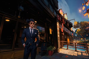 1boy(wearing business suit, cowboy hat, sun glasses, tall, young, handsome, muscular, katana on his sheath) standing, background(outdoor, casino), (masterpiece, highres, high quality:1.2), ambient occlusion, outstanding colors, low saturation,High detailed,Detailedface,Dreamscape,traditional media