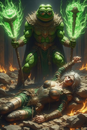 A highly detailed, movie-realistic scene set in the aftermath of an intense battle. Pepe the Frog stands victorious, his face showing a smug and triumphant expression, his enchanted club crackling with vibrant green energy. His posture is confident and proud, towering over the fallen female warrior. She lies on the ground, her face twisted in a mix of anger and defeat, her piercing amber eyes still burning with rage. Her intricate, celestial armor is now battered and scratched, and her silver hair, wild and dirty, flows around her in disarray. The setting is a war-torn battlefield, with crumbling walls and scattered flames illuminating the scene. The contrast between Pepe's smug victory and the defeated warrior's lingering defiance adds emotional tension to the highly cinematic moment.