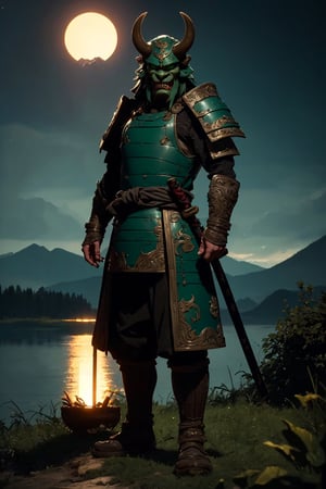 man(orc, 40yo, tusk-like teeth protruding from their lower jaw, green skin, wise, quiet, green eyes, wearing full orcish mongolian armor green color with oni helmet and cuirass, ornate, light steel plate design which is worn over cloth padding, umbra sword, on his belt, depressed, muscular, tall), (full body) standing, background(mountain, volcano, giant mushrooms, lake, night),(masterpiece, highres, high quality:1.2), ambient occlusion, low saturation, High detailed, Detailedface, morrowind, (shot from distance)