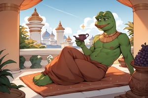 score_9, score_8, score_7, score_7_up, score_8_up, pepe the frog wearing white Ihram, Arabian outfit, sitting on a mattress, tea and grapes on the table, exterior, mosque, Arabian city, night stars