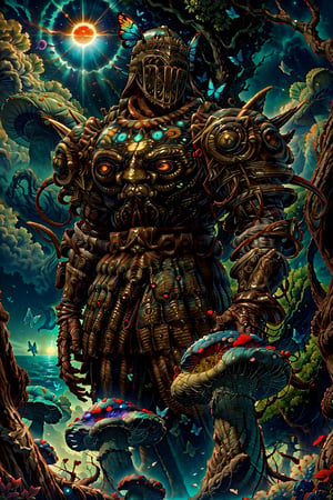 1boy(tall, wearing Madness armor and helmet fused with cosmic eldritch), staring at you (shot from distance), background(day, outdoor, sky, sun, ocean, flowers, trees, giant mushrooms, butterflies) (masterpiece, highres, high quality:1.2), ambient occlusion, low saturation,High detailed, Dreamscape