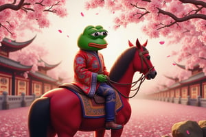 A highly detailed and elegant scene featuring Pepe the Frog in a majestic Xianxia-inspired setting, seated on a red horse in a rear three-quarter view. Pepe is dressed in traditional, ornate Xianxia robes with intricate embroidery and vibrant, regal colors, exuding an air of nobility and grace. The red horse is also beautifully adorned with decorative harnesses and a richly embroidered saddle, both featuring detailed traditional Chinese designs. The background is filled with blossoming cherry trees, their pink petals gently falling through the air, creating a serene and magical atmosphere. In the distance, traditional Chinese pagodas and intricately designed wooden structures are partially visible through the blossoms, adding depth to the scene. Warm, soft sunlight filters through the cherry trees, casting a golden glow over the landscape, enhancing the tranquil and reflective mood as Pepe sits with quiet poise, gazing forward with a calm expression, perfectly in tune with the harmony of his surroundings.