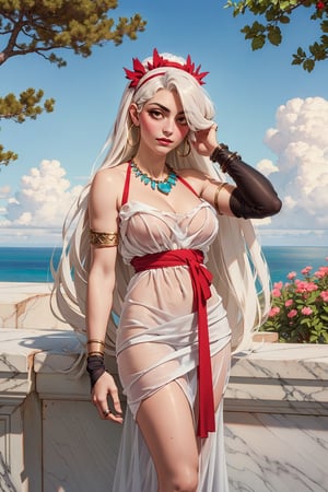 Vaggie(slim body, long white hair, eyelashes, jewelry, earrings, necklace, armlet, bracelet, ring, wearing white roman dress, large cleavage, headdress, bare shoulders, hoop earrings, bridal gauntlets, feminine, beautiful), looking at viewer seductively, standing, background(flower, outdoors, day, short hair, sky, tree, plant, cloud, ocean, water, potted plant, vase, scenery), (masterpiece, highres, high quality:1.2), low saturation,High detailed,perfect,(vaggie)