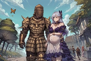 score_9, score_8, score_7, score_7_up, score_8_up, 1boy\(human, giant male, tall male, wearing madness Armor and (madness helmet)\) walking and holding hand of 1girl\(robin \(honkai: star rail\), short, smiling, pregnant, jewellery, gold, wearing dress, pouty lips, seductive, blushing\), both staring at each other, day, city, multiple magical butterflies, outdoor, mushroom trees, romance, fantasy, hetero, anime, 2d