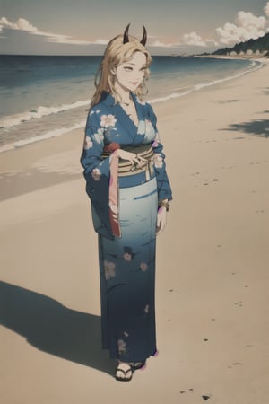 woman\(slim body, long blonde hair, yellow eye color, horns, jewelery, bridal gauntlets, rings, amulets, eyelashes, big breasts, large cleavage, wearing yukata, sandal, feminine, beautiful, mistress\) The scene should convey a seductive smile on her face, with an air of smugness as she maintains eye contact with the viewer, (full body), walking, background(beach, day, sky, sun),(masterpiece, highres, high quality:1.2), ambient occlusion, low saturation, High detailed, Detailedfacez (shot from distance)