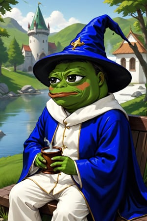 score_9, score_8, score_7, Pepe(frog, old, wearing wizard robe, long white beard, wizard, smoking pipe), sitting and resting on lakeside, background(outdoor, day),(masterpiece, highres, high quality:1.2), ambient occlusion, low saturation, High detailed, Detailedface, (shot from distance),Wojak