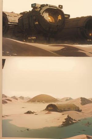 dune city, background(dune style world, day),(masterpiece, highres, high quality:1.2), ambient occlusion, low saturation, High detailed, comic page different views