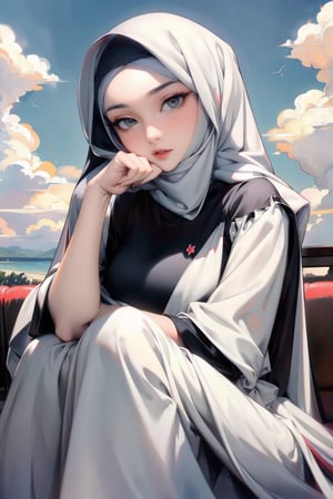 Woman(slim body, young, grey eyes, eyelashes, hijab, Wearing a white headscarf and veill,Gorgeous abaya,arabian pants Arabian, feminine, beautiful), looking at viewer with cute expression, sitting, (shot from distance), background(outdoors, day, sky, cloud, restaurant), (masterpiece, highres, high quality:1.2), low saturation,High detailed,soft shading