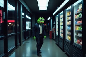 A highly detailed scene inside a dimly lit gas station late at night. Pepe the Frog, still dressed in his wrinkled, slightly disheveled business suit, wanders the aisles aimlessly. His eyes, heavy with exhaustion and sadness, scan the shelves for snacks, but there's a sense that he's not really focused on what he's looking for. His slouched posture and slow, dragging steps reflect his deep sense of depression and weariness, as if he's moving on autopilot after a long, draining day.

The harsh fluorescent lights overhead cast a stark glow on the rows of brightly colored snack packages and drinks, but the atmosphere feels muted and cold. The gas station is almost entirely empty, save for the faint hum of the refrigerators and the distant sound of the gas pump outside. Pepe’s blank expression shows a man lost in thought, overwhelmed by the weight of his emotions, yet going through the mundane motions of life. The reflection of the neon ‘open’ sign on the glass window subtly flickers, reinforcing the sense of isolation in this late-night moment.