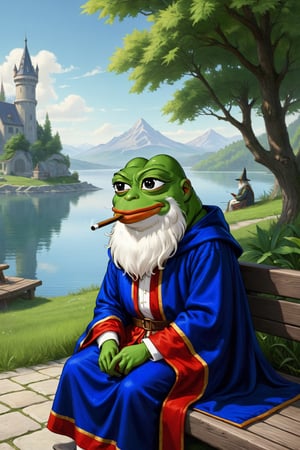 Pepe(frog, old, wearing wizard robe, long white beard, wizard, smoking pipe), sitting and resting on lakeside, background(outdoor, day),(masterpiece, highres, high quality:1.2), ambient occlusion, low saturation, High detailed, Detailedface, (shot from distance)