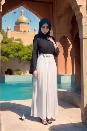 Woman(slim body, young, blue eyes, arab, morrocan, eyelashes, hijab, Wearing a white headscarf and veill,Gorgeous abaya,arabian pants Arabian, feminine, beautiful), (full body), Staring at you while reporting news at news stage, background(outdoor, day, sun, ocean, mosques, birds), (Shot from distance),(masterpiece, highres, high quality:1.2), ambient occlusion, low saturation, High detailed, Detailedface, Dreamscape,perfect