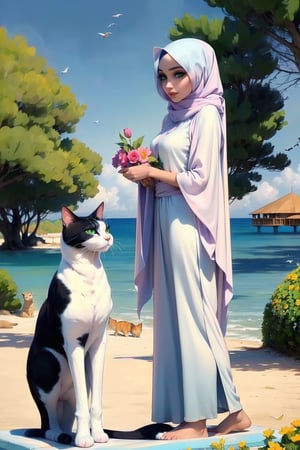 Woman(slim body, young, green eyes, arab, morrocan, eyelashes, hijab, Wearing a white headscarf and veill,Gorgeous abaya,arabian pants Arabian, feminine, beautiful, holding a white cat), full body, looking at viewer with cute expression, standing, (shot from distance), background(mosques, day, outdoor, sky, sun, tree, ocean, flowers, birds, cats), (masterpiece, highres, high quality:1.2), low saturation,High detailed,soft shading