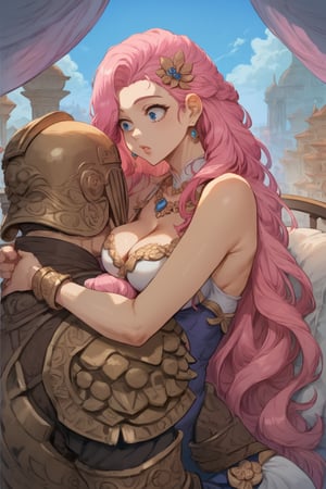 score_9, score_8, score_7, score_8_up, 1boy\(human, giant, tall, wearing full madness Armor and helmet, armored, from side\) laying and hugging comically woman\(SeraphineLoLXL, blue eyes, pink hair, bangs, hair ornament, very long hair, shiny hair, earrings, medium breasts, surprised look on her face, pouty lips, seductive, wearing dress, jewellery, gold\), hugging and resting, sitting on his lap, staring at him, Arabian garden, pillows, coffee and grapes, score_7_up, csr style, anime, (comic style, comic page, detailed comic with panels)