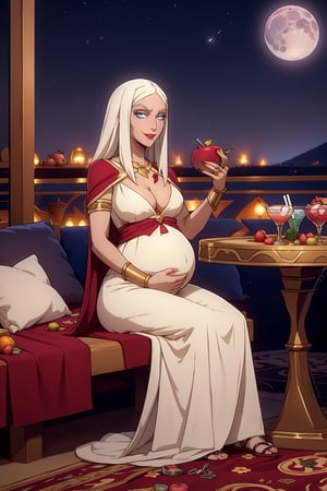 woman(slim body, vampire, white hair, blue eye color, jewelery, bridal gauntlets, rings, amulets, eyelashes, medium cleavage, wearing full harem dress, pregnant, sandal, feminine, beautiful, mistress) The scene should convey a seductive and arrogant smug expression on her face, with an air of arrogance as she maintains eye contact with the viewer, (full body), sitting, background(luxurious arabian balcony, pillows, sky, night, moon, table(fruits and drinks), pots with flowers),(masterpiece, highres, high quality:1.2), ambient occlusion, low saturation, High detailed, Detailedface