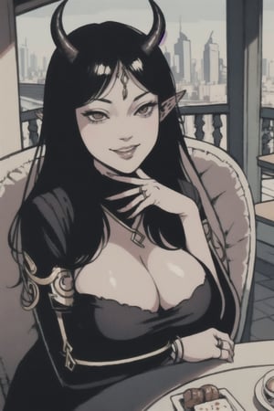 pov across table, looking at viewer, sitting, solo, cup of coffee, table, plate, fork, depth of field, food, spoon, head rest, woman\(slim body, young, Oni horns, demon elf ears, long black hair, red eyes, jewelery, bridal gauntlets, rings, amulets, eyelashes, large cleavage, wearing full harem dress, sandal, feminine, beautiful, mistress\), The scene should convey a seductive and smug smile expression on her face, with an air of arrogance as she maintains eye contact with the viewer, blurry background(luxurious arabian balcony, outdoor, sky, day, Dubai city, pillows),(masterpiece, highres, high quality:1.2), ambient occlusion, low saturation, High detailed, Detailedface, break CONCEPT_pov_dating_ownwaifu,www.ownwaifu.com