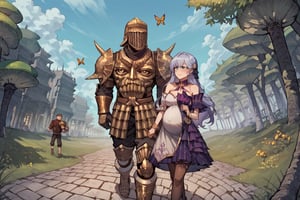 score_9, score_8, score_7, score_7_up, score_8_up, 1boy\(human, giant male, tall male, wearing madness Armor and (madness helmet)\) walking and holding hand of 1girl\(robin \(honkai: star rail\), short, smiling, pregnant, jewellery, gold, wearing dress, pouty lips, seductive, blushing\), both staring at each other, day, city, multiple magical butterflies, outdoor, mushroom trees, romance, fantasy, hetero, anime, 2d