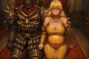 score_9, score_8, score_7, score_7_up, score_8_up, 1boy\(human, giant male, tall male, wearing madness Armor and (madness helmet)\) holding hand of 1girl\(Yang Xiao Long, short, smiling, pregnant, jewellery, gold, wearing dress, pouty lips, seductive, blushing\), both sitting on rug, both staring at each other, indoor, livingroom interior, romance, fantasy, hetero, anime, 2d