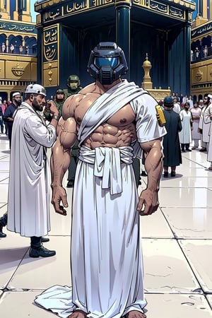 Doomguy(bodybuilder, tall, naked but wearing white robe Ihram and helmet) standing, (shot from distance), background(mecca, kaaba, islam) (masterpiece, highres, high quality:1.2), ambient occlusion, outstanding colors, low saturation,High detailed, Detailedface, Dreamscape