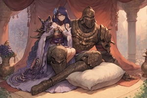 score_9, score_8, score_7, score_8_up, 1boy\(human, giant male, tall male, wearing full madness Armor and helmet, (no-face), armored\) laying and holding womn\(Raiden Shogun, smile on their face, pouty lips, seductive, wearing dress, jewellery, gold\), hugging and resting, sitting on his lap, both staring at him, Arabian garden, pillows, coffee and grapes, score_7_up, csr style, full body, anime