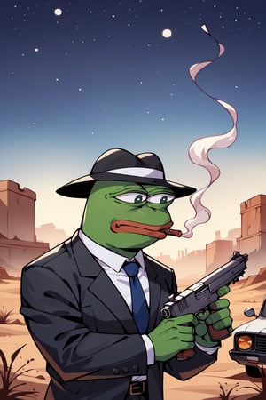 score_9, score_8, score_7, score_7_up, score_8_up, pepe the frog wearing black business suit, cowbot hat, smoking a cigar, holding shotgun, upper body, mojave desert, classic car in background, apocalyptic, exterior, night,0ut3rsp4c3, straight view