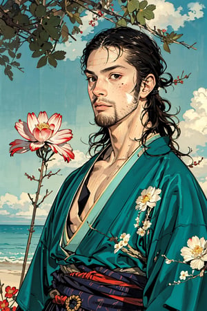 1boy\(male, handsome, young 15 year old, no_hair, long black hair, beard, tall, muscles, strong jaw, sharp cheekbones, thin lips, kimono\) upper body, background(day, outdoor, sky, sun, ocean, flowers, trees) (masterpiece, highres, high quality:1.2), ambient occlusion, outstanding colors, low saturation,High detailed, Detailedface, Dreamscape,Musashi