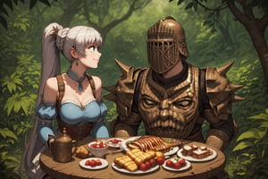score_9, score_8, score_7, score_8_up, 1boy\(human, dark skin, giant, tall, wearing full madness Armor and helmet\) with woman\(medium breasts, Weiss Schnee wearing dress, happy, seductive\), both sitting and eating. ( two Tea cups, one tea pot, parmesan on the table), jungle, both staring at each other, score_7_up, side view, 2d, anime