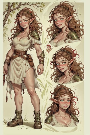 woman(nice cleavage, tall, mature, freckles, beautiful, green eyes, long red afro hair, leather armor, elf), multiple women,character sheet, character design, reference sheet, multiple views, turnaround, full body, from front, from side, from behind, diffrerent face expression(smile, think, smug), (masterpiece, highres, high quality:1.2), outstanding colors, low saturation, High detailed, Detailedface, Dreamscape,Afro hair girl