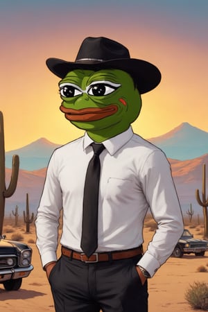 score_9, score_8, score_7, Pepe(frog, tall, young, wearing black business suit with tie, cowboy hat, smoking cigarette), in front of his classic vintage car, background(Mojave desert, night), background(outdoor, day),(masterpiece, highres, high quality:1.2), ambient occlusion, low saturation, High detailed, Detailedface, (shot from distance),Retro art,Wojak