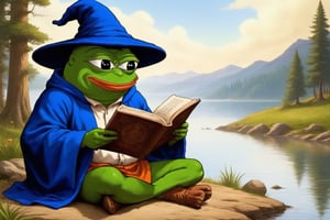 Pepe(frog, old, wearing wizard robe, long white beard, wizard, reading a scroll), sitting and resting on lakeside, campfire, boiling tee, background(outdoor, giant mushrooms, day),(masterpiece, highres, high quality:1.2), ambient occlusion, low saturation, High detailed, Detailedface, (shot from distance),Wojak