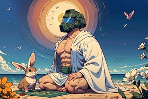 Doomguy(bodybuilder, tall, naked but wearing white robe Ihram and helmet) perform salaah in congregation on prayer mat, full body, (shot from distance), background(mosques, day, outdoor, sky, sun, tree, ocean, flowers, birds, bunnies, rabbits) (masterpiece, highres, high quality:1.2), ambient occlusion, outstanding colors, low saturation,High detailed, Detailedface, Dreamscape