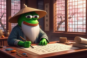 A highly detailed scene featuring an elderly Pepe the Frog, dressed in traditional Xianxia-style robes, sitting in an ancient study, surrounded by scrolls and calligraphy tools. Pepe has a long white beard, symbolizing wisdom and age, and he wears a wide-brimmed straw hat, adding to his scholarly appearance. He is seated at a wooden desk, diligently writing Chinese calligraphy with a brush, the ink flowing gracefully across the parchment. The room is softly lit by warm sunlight streaming in through lattice windows, revealing cherry blossom trees blooming just outside. The study is adorned with scrolls and wooden furniture, capturing the elegance of ancient Chinese tradition. Pepe’s expression is calm and focused, fully immersed in his work, exuding wisdom and serenity. The atmosphere is peaceful, scholarly, and reflective, as Pepe takes his time crafting his beautiful calligraphy in this tranquil, timeless setting.