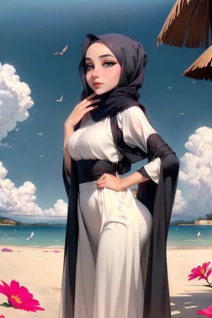Woman(slim body, young, grey eyes, arab, morrocan, eyelashes, hijab, Wearing a white headscarf and veill,Gorgeous abaya,arabian pants Arabian, feminine, beautiful, holding bunny), full body, looking at viewer with cute expression, standing, (shot from distance), background(mosques, day, outdoor, sky, sun, tree, ocean, flowers, birds, bunnies, rabbits), (masterpiece, highres, high quality:1.2), low saturation,High detailed,soft shading
